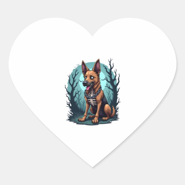 Skeleton Shepherd Dog Heart Sticker (Front)
