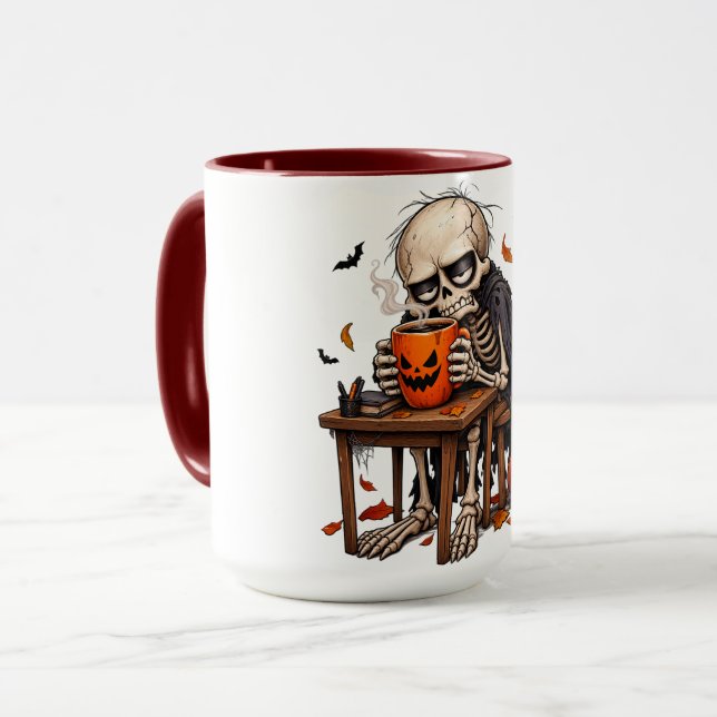 Skeleton Sipping Pumpkin Mug Halloween (Front Left)
