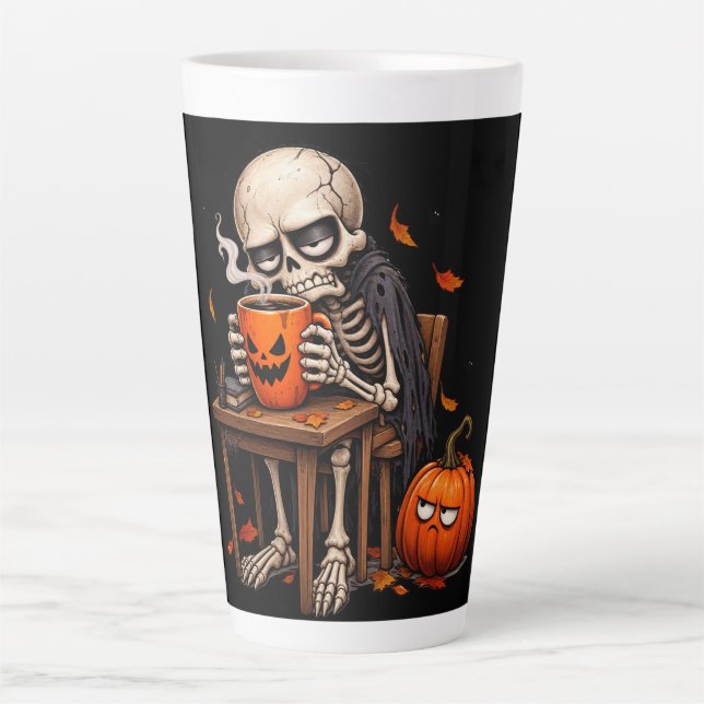 Skeleton Sipping Pumpkin Mug Halloween (Front)