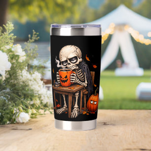Skeleton Sipping Pumpkin Mug Halloween Insulated Tumbler