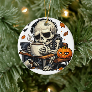 Skeleton Sips Autumn Brew Ceramic Tree Decoration