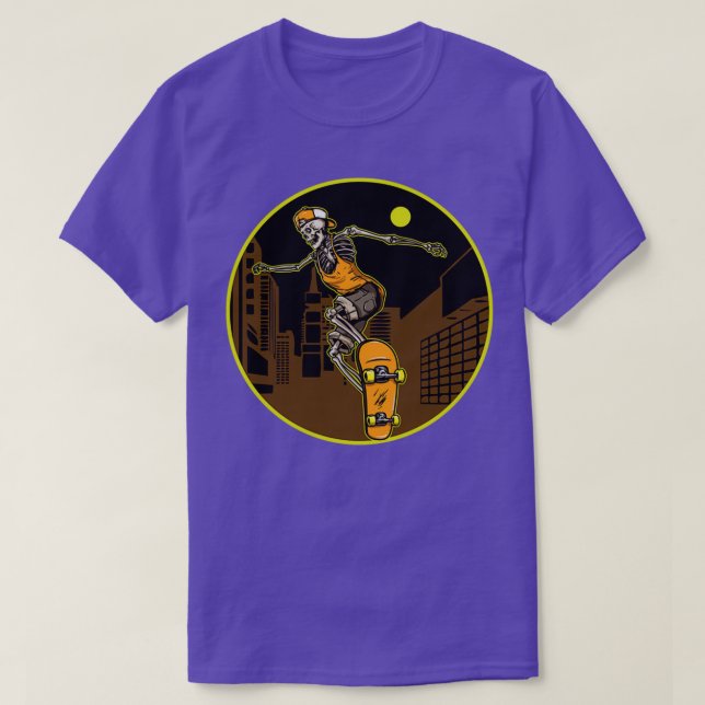 Skeleton Skateboard Skyline Moon T-Shirt (Design Front)