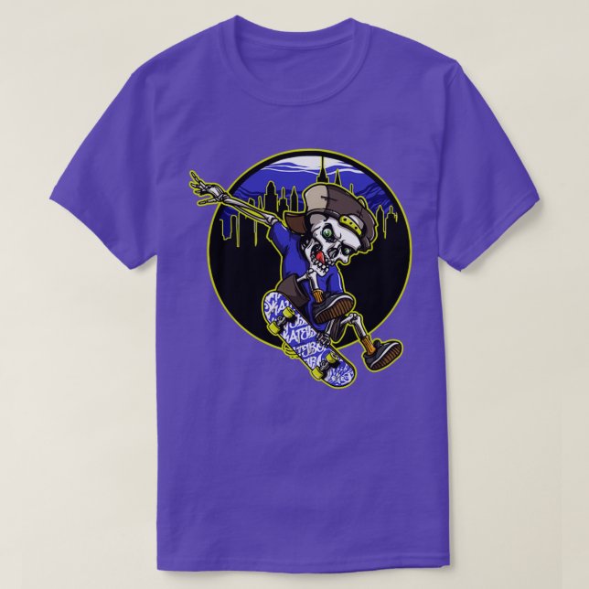Skeleton Skateboard Skyline T-Shirt (Design Front)