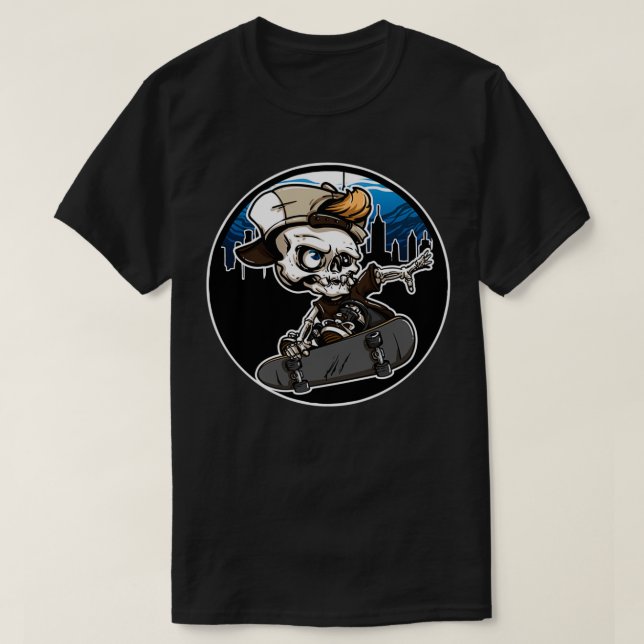 Skeleton Skateboard Skyline T T-Shirt (Design Front)