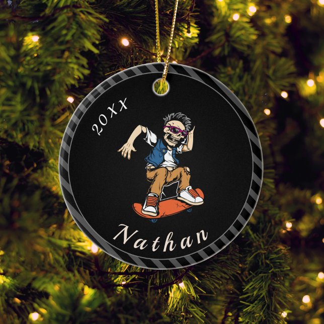 Skeleton Skateboarding Skater Name & Year Striped Ceramic Tree Decoration (Creator Uploaded)