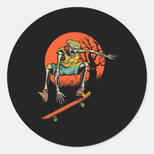 Skeleton Skater In Halloween With Skateboard Classic Round Sticker