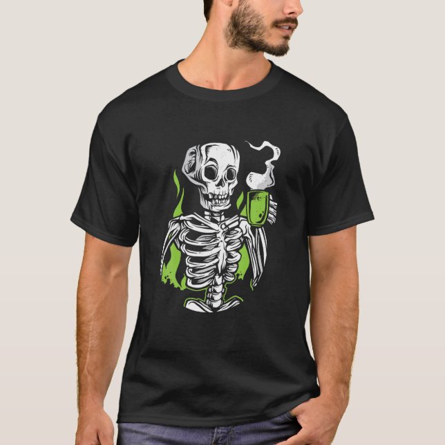 Skeleton Skull Alien Drinking Coffee Funny Novelty T-Shirt (Front)