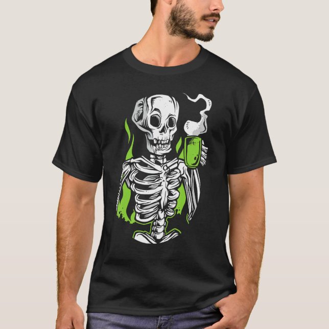 Skeleton Skull Alien Drinking Coffee T-Shirt (Front)