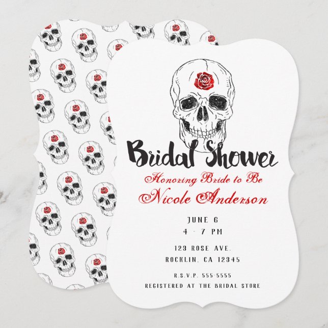 Skeleton Skull Bones Black Red Rose Bridal Shower Invitation (Front/Back)