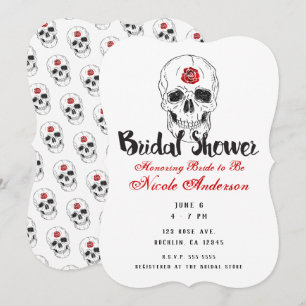 Skeleton Skull Bones Black Red Rose Bridal Shower Invitation