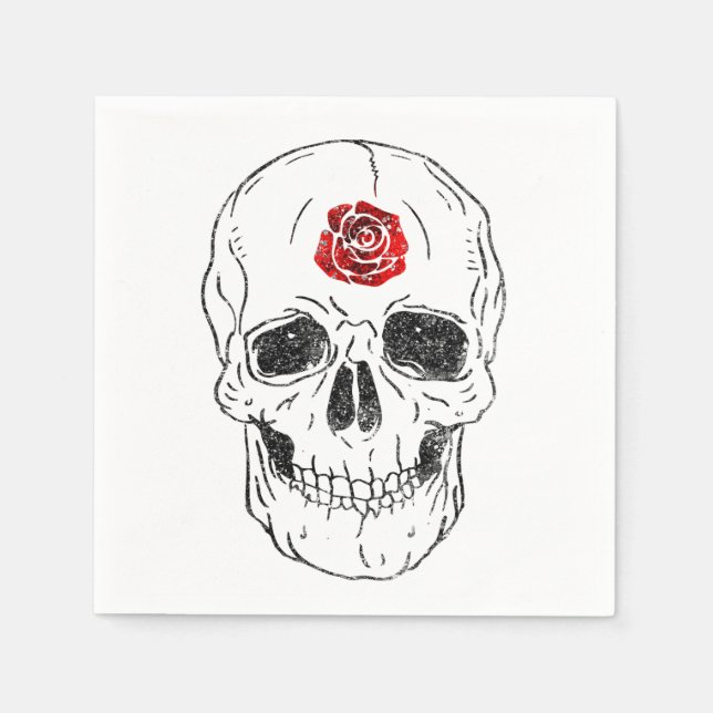 Skeleton Skull Bones Black & Red Rose Glitter Glam Napkin (Front)