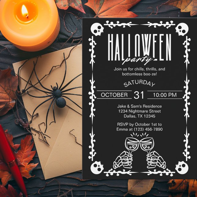 Skeleton Skull Bones & Wine Gothic Halloween Party Card (Creator Uploaded)