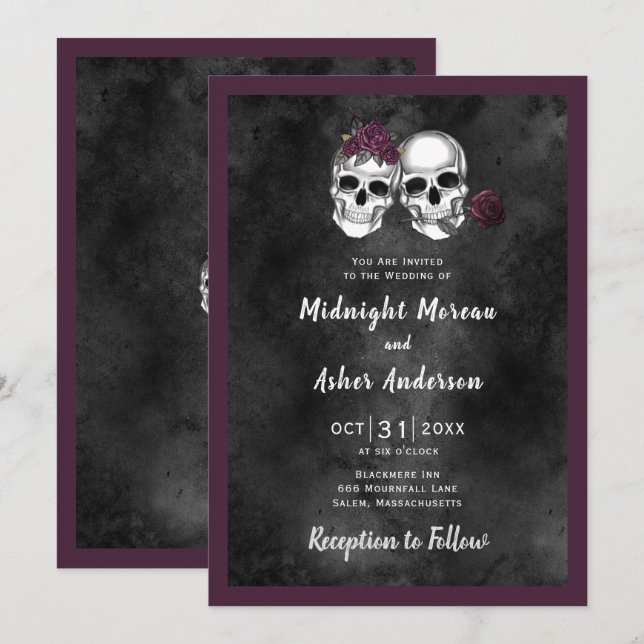 Skeleton Skull Couple Roses Gothic Wedding Invitation (Front/Back)