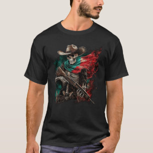 Skeleton Skull Cowboy Hat Mexico Flag USA Gun Scar T-Shirt