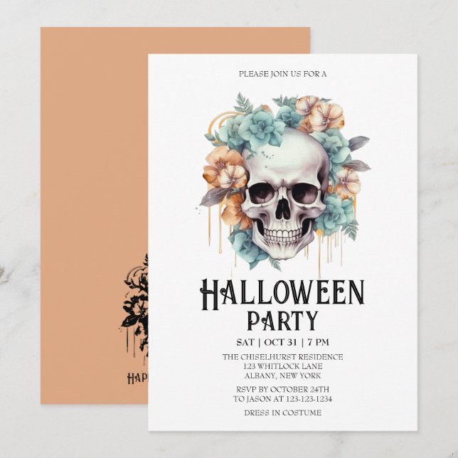 Skeleton Skull Flowers Mint Halloween Party Invitation (Front/Back)