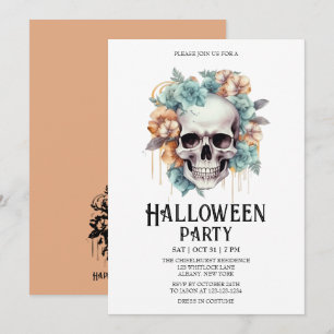 Skeleton Skull Flowers Mint Halloween Party Invitation