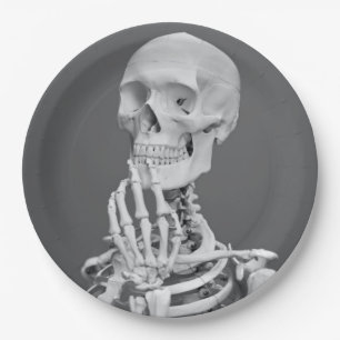 Skeleton Skull Halloween Black and White Gray Paper Plate