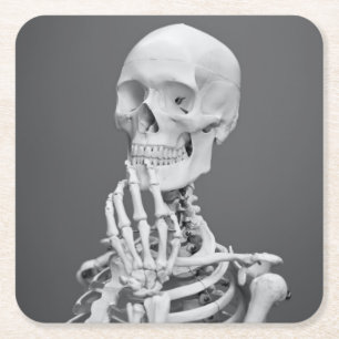 Skeleton Skull Halloween Black and White Grey Square Paper Coaster