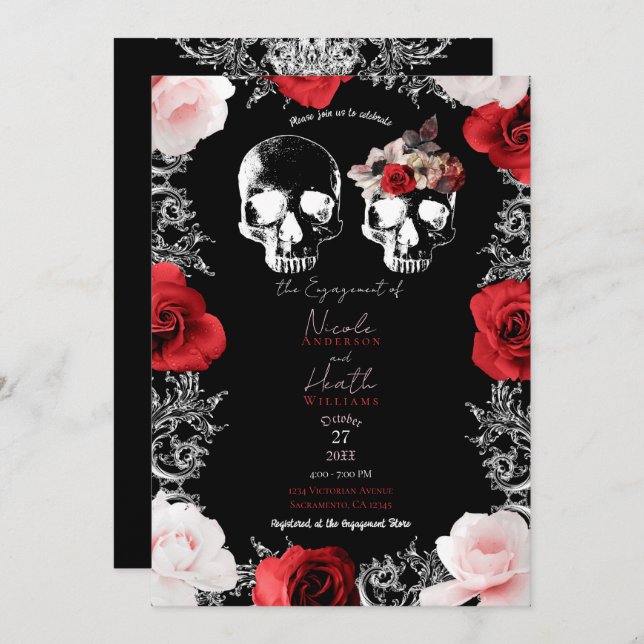Skeleton Skull Red Pink Roses Gothic Engagement   Invitation (Front/Back)
