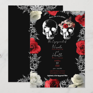 Skeleton Skull Red Roses Gothic Engagement Party   Invitation