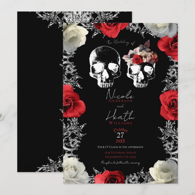 Skeleton Skull Red White Roses Gothic Wedding Invitation (Front/Back)