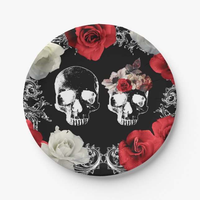 Skeleton Skull Red White Roses Gothic Wedding     Paper Plate (Front)