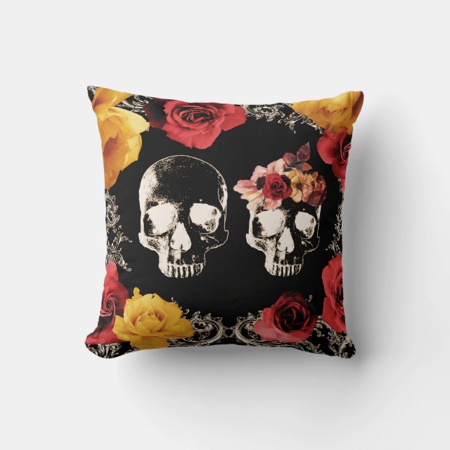 Skeleton Skull Red Yellow Fall Floral Throw Pillow (Front)