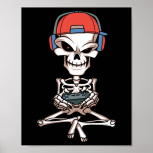 Skeleton Skull Video Gamer Halloween Outfit Men Bo Poster