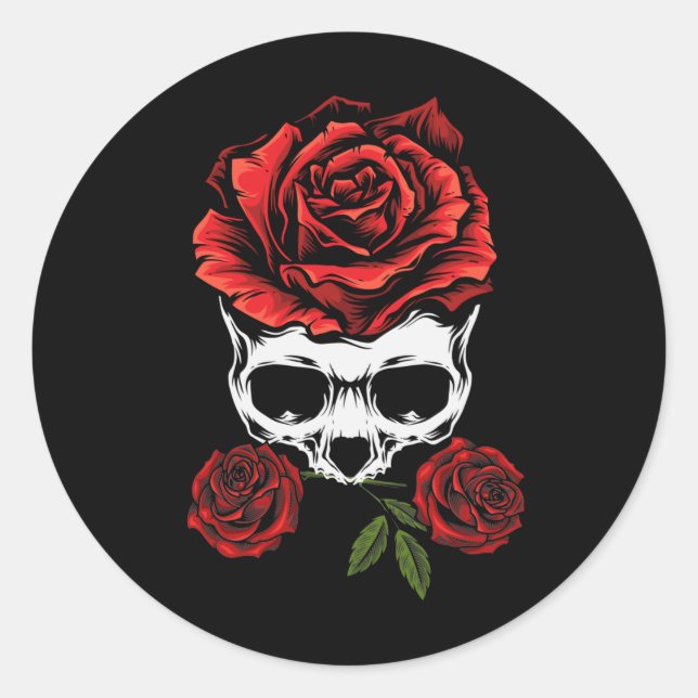 Skeleton Skull with Roses Romantic Floral Death Classic Round Sticker (Front)