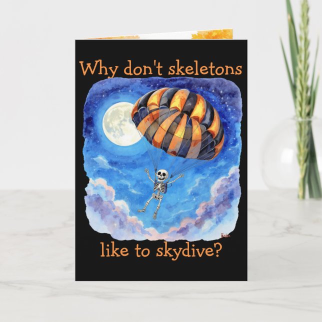 "Skeleton Skydiver" Children's Joke Halloween Card (Front)