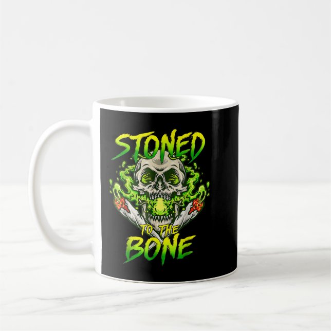 Skeleton Smoking Weed Stoned to the Bone Halloween Coffee Mug (Left)