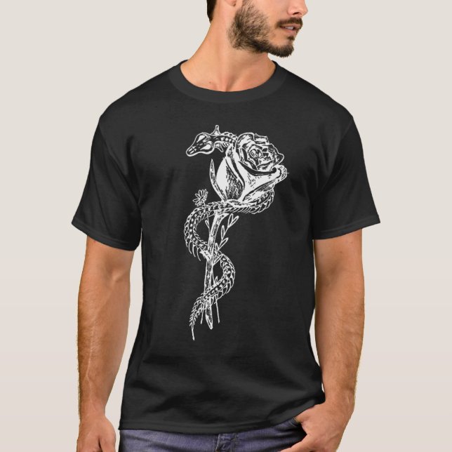 Skeleton Snake and Rose Print T-Shirt (Front)