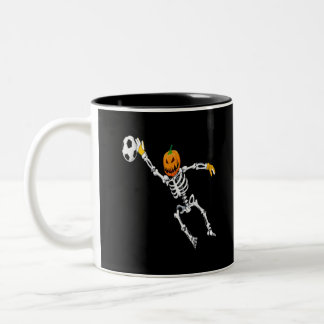 Skeleton soccer goalkeeper halloween pumpkin Two-Tone coffee mug