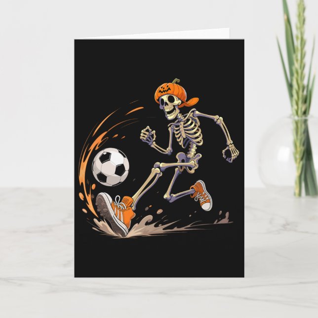 Skeleton Soccer Player Pumpkin Head Funny Hallowee Card (Front)