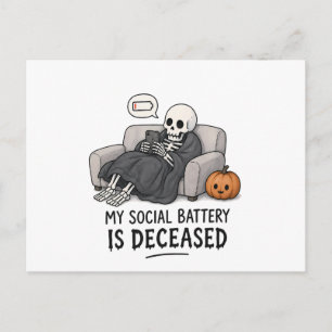 Skeleton Social Battery Deceased Funny Halloween I Postcard