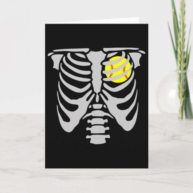 Skeleton Softll Player Kids Funny Softll Halloween Card (Front)