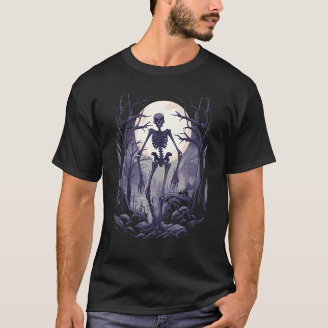 Skeleton Spooky Haunted Forest Full Moon Gothic Ha T-Shirt (Front)