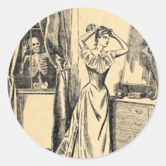 Skeleton Spying on Victorian Lady Vintage Goth Art Classic Round Sticker