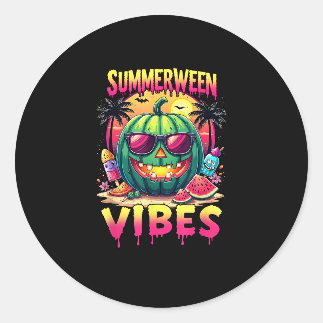 Skeleton Summer Summerween Vibes Watermelon Jack-O Classic Round Sticker (Front)