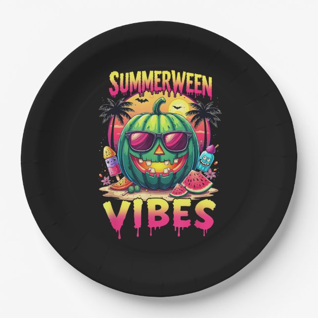 Skeleton Summer Summerween Vibes Watermelon Jack-O Paper Plate (Front)