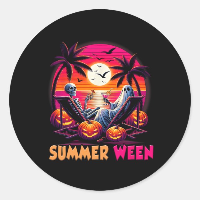 Skeleton Summer-ween Beach Halloween Vibe Sunset P Classic Round Sticker (Front)