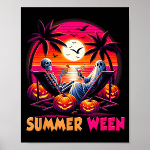 Skeleton Summer-ween Beach Halloween Vibe Sunset Poster