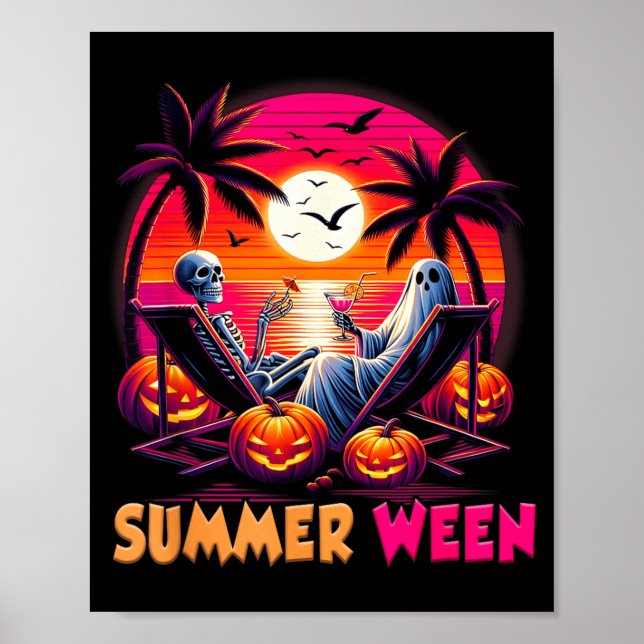 Skeleton Summer-ween Beach Halloween Vibe Sunset Poster (Front)