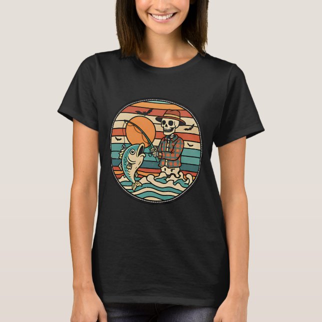 Skeleton Sunset Fishing Funny Halloween Spooky Hum T-Shirt (Front)