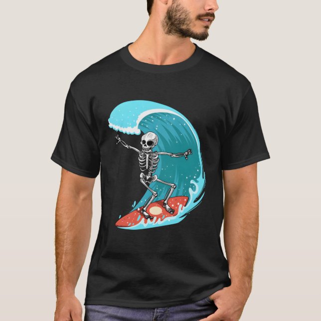Skeleton Surfer Halloween Funny Wave Surfing Surf  T-Shirt (Front)