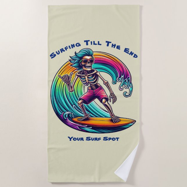 Skeleton Surfer Riding A Wave Beach Towel (Front)