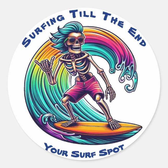 Skeleton Surfer Riding A Wave Classic Round Sticker (Front)