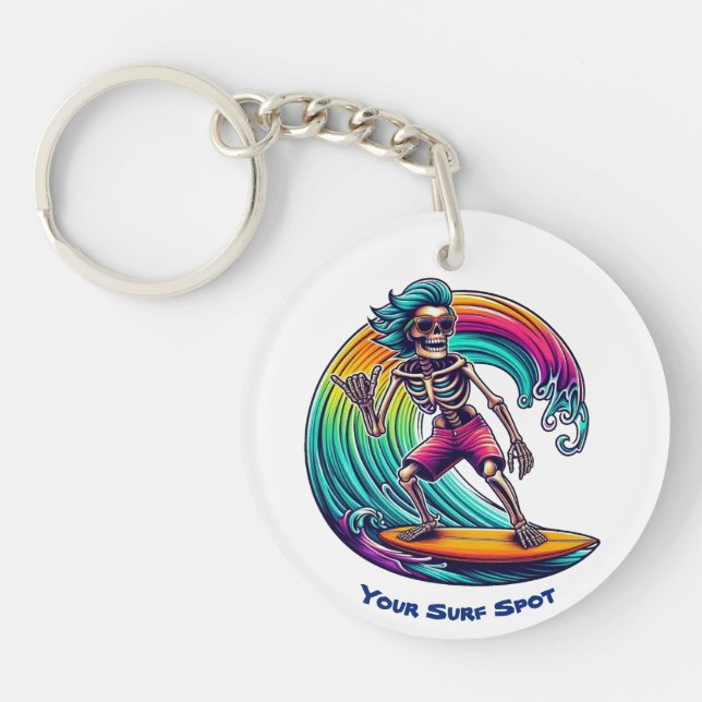 Skeleton Surfer Riding A Wave Key Ring (Front)