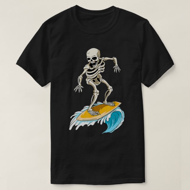 Skeleton Surfer Surfboard Beach Summer Waves Surf  T-Shirt (Design Front)