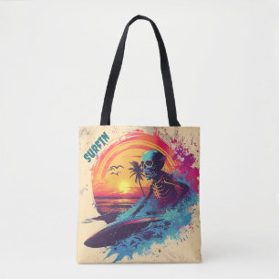 Skeleton Surfer Vibrant Blue Purple Pink Tropical  Tote Bag